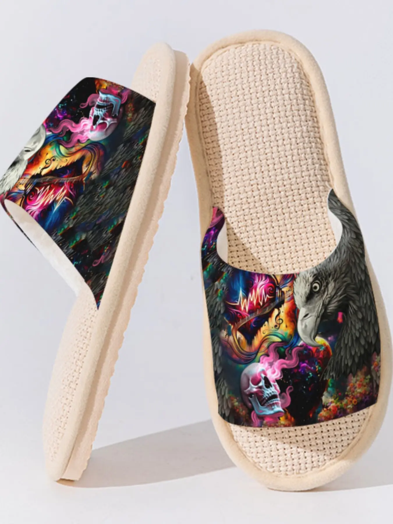 Men's Asymmetrical Linen Slippers, Breathable Eva Sole, Cartoon Design, Casual All-Season Footwear, Perfect for Bedroom & Living Room