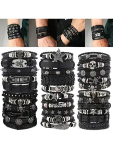 10/20/30Pcs Punk Hip Hop Style Faux Leather Bracelets Set, Bangle Bracelet Set, Multi-layer Skull Cross Star Infinity Symbol Design, Vintage Black Metal Dots Jewelry, Perfect for Halloween, Graduation Gifts for Teens