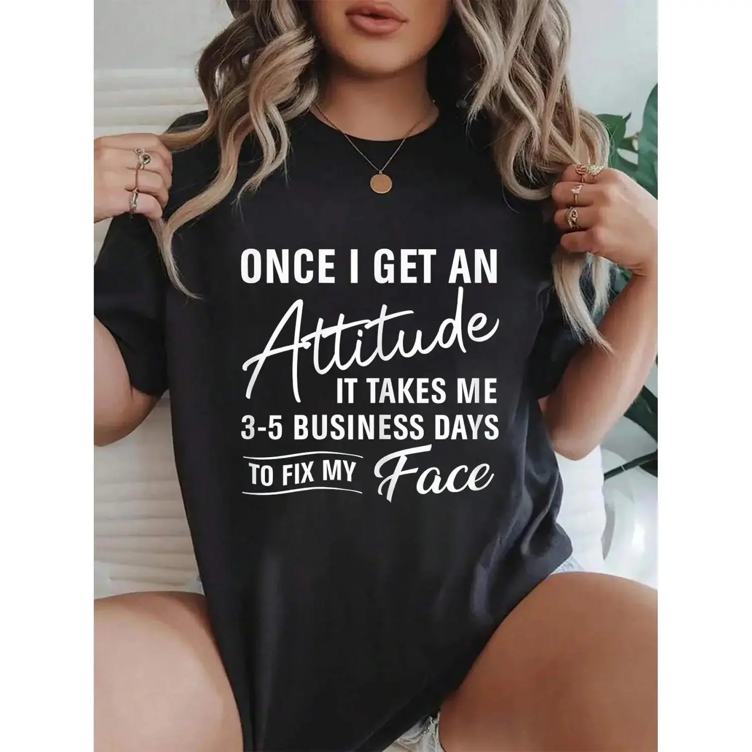 100% cotton Funny Once I Get An Attitude It Takes Me Women Gift Printed T-shirt, Short-sleeved Crew Neck Casual Top, Suitable For All Seasons, Women's Wear