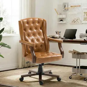 350LBS Load Executive Desk Chair,7.6Inch Thick Cushion Leather Ergonomic Home Desk Chair,Vintage Wingback Swivel Work Chair with Wood Base for Home, Office and Living Room