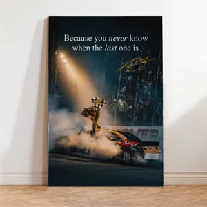 Kyle Busch #18 NASCAR Canvas Print - M&M’s Race Car Victory Poster with "Because You Never Know" Quote, Racing Fan Decoration for Man Cave Bedroom