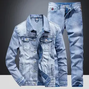 Men's Slim Micro-stretch Two-piece Spring and Autumn Jacket Jeans Set Fitted Long Sleeve Medium Length Plain Pattern