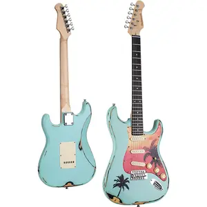 BAHAMUT 39" Solid Body 6 String Electric Guitar, Guitarra Eléctrica with Pink&Blue California Relic Finish, Canadian Maple Neck&Purpleheart Fingerboard, SSS Pickups&Locking Tremolo Bridge
