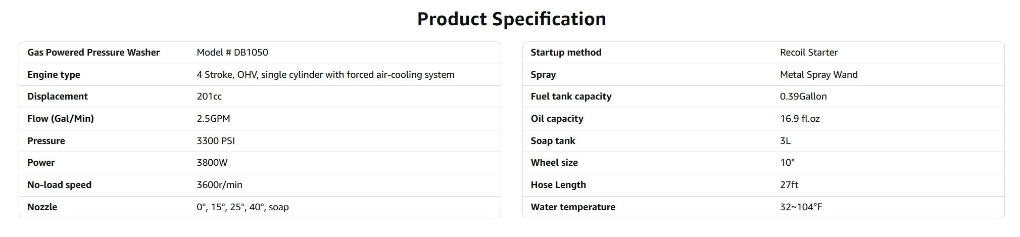 PowerSmart Gas Pressure Washer 3300 PSI, 2.5 GPM, 201cc, 3800W with Onboard Soap Tank, Metal Spray Wand, 5 Nozzle for Cleaning Equipment, Decks, Driveways, Two Story Homes, Paint prep, DB1050