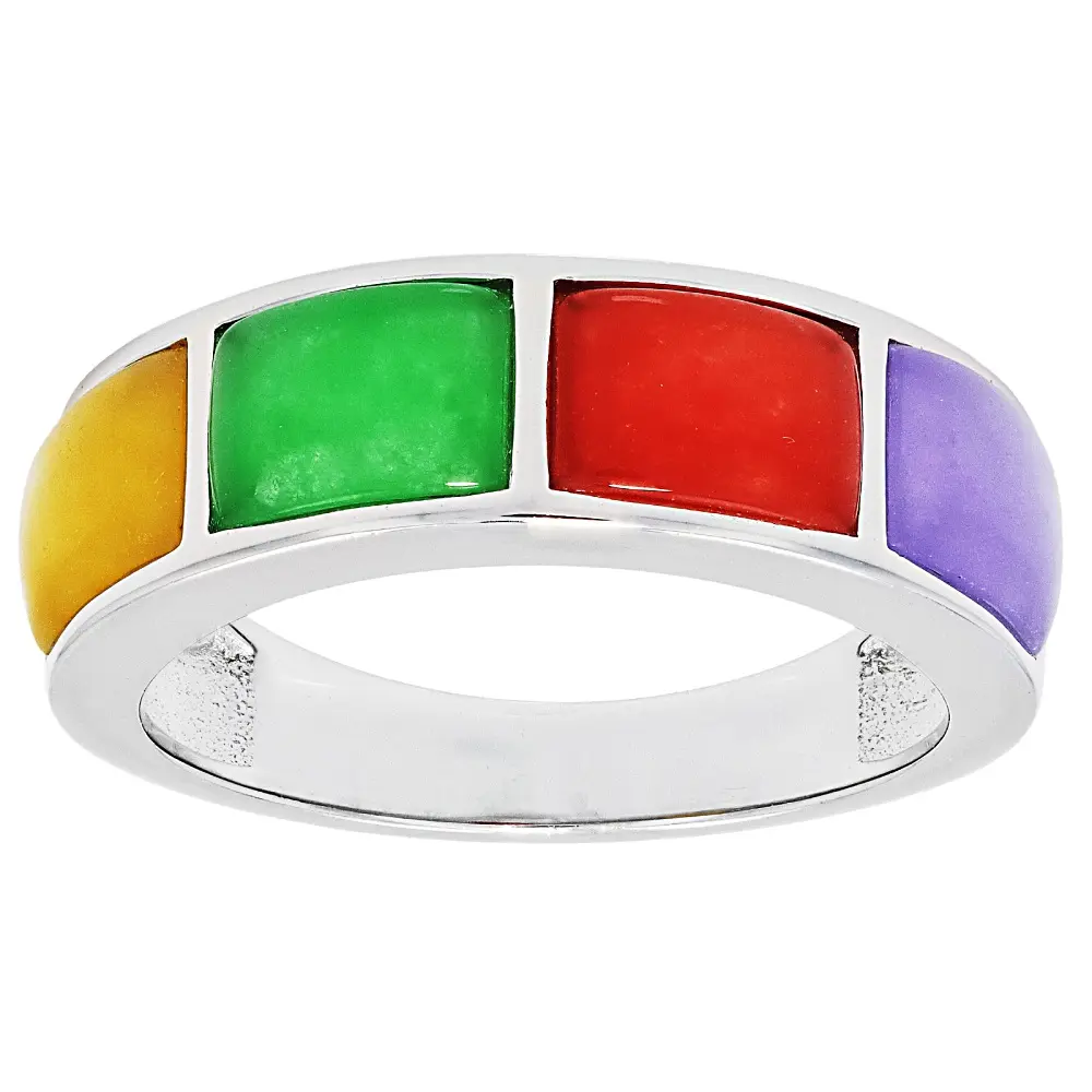 JTV Multi-Color Jadeite Rhodium Over Sterling Silver Band Ring