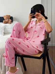 Women's Striped Bow Tie Sleepwear Set, Short Sleeve Cardigan and Elastic Waist Pants, Comfortable Casual Home Wear All Seasons