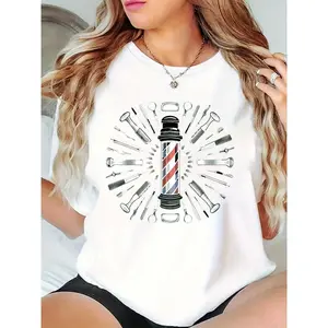 Women's Barber Tools & Pole Graphic T-Shirt, Casual Daily/Work Top for Hair Stylists, Barbers, Barber Shop Enthusiasts 100% Cotton T-shirt