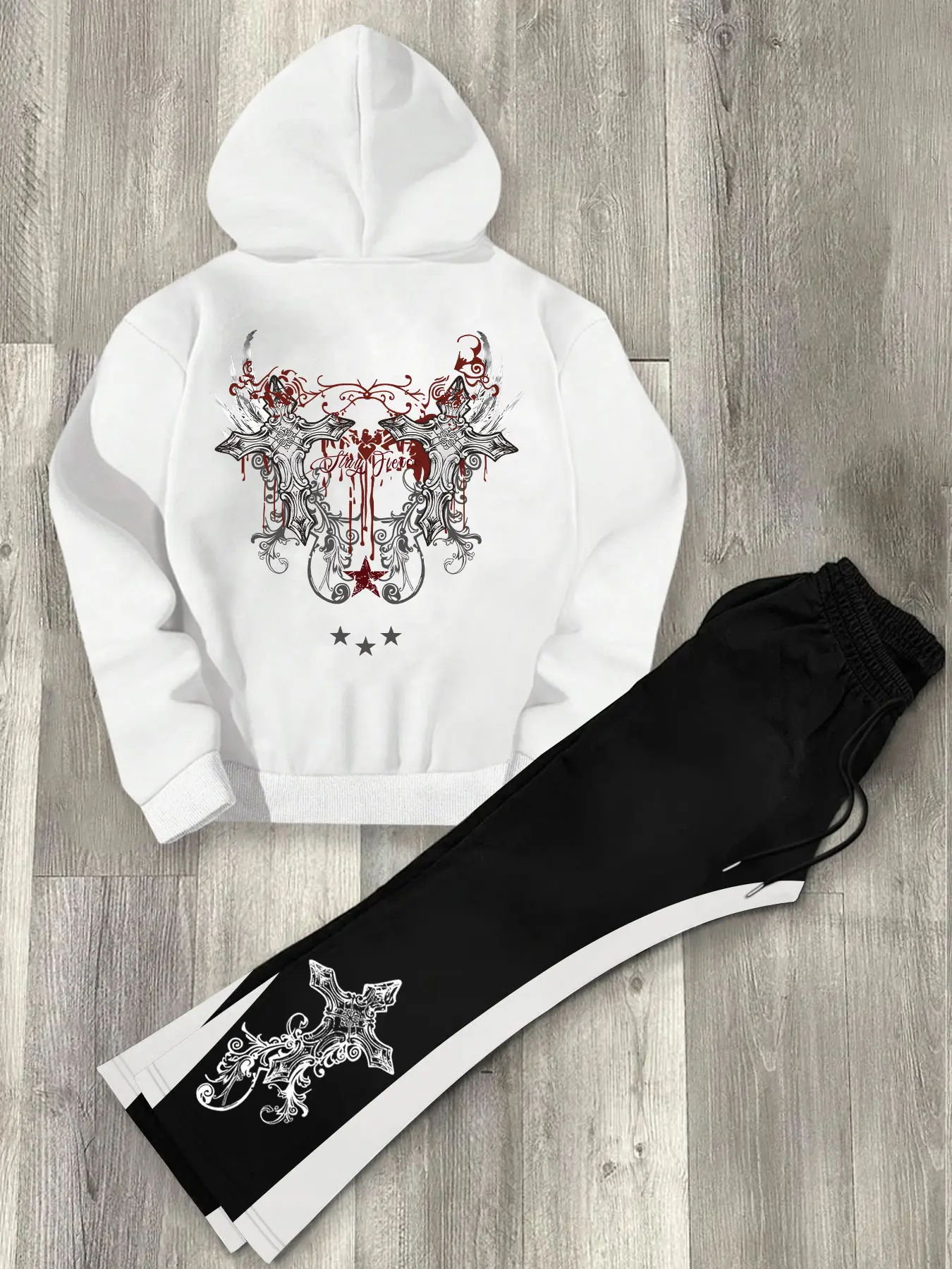 Men's Fashion Casual Two-Piece Set, Cross Print Hoodie & Drawstring Flare Pants, Loose Fit Streetwear for All Seasons