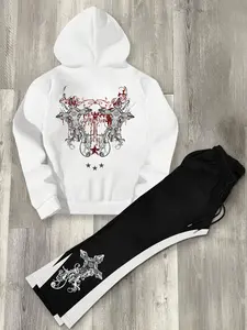 Men's Fashion Casual Two-Piece Set, Cross Print Hoodie & Drawstring Flare Pants, Loose Fit Streetwear for All Seasons