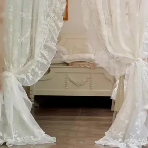 French Vintage European Embroidered Lace Ruffle Home Decoration Curtain, Bedroom Living Room Balcony Drapes, 1pc Elegant Window Shade
