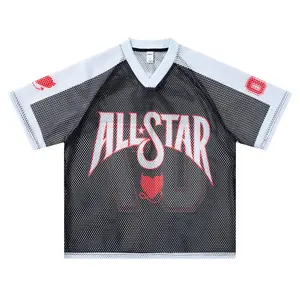 Inflation Men's Unisex 260g Heavyweight Oversize V-Neck Mesh Breathable Retro Element Graphic Jersey, Streetwear Outfits Casual Short Sleeve T-Shirt