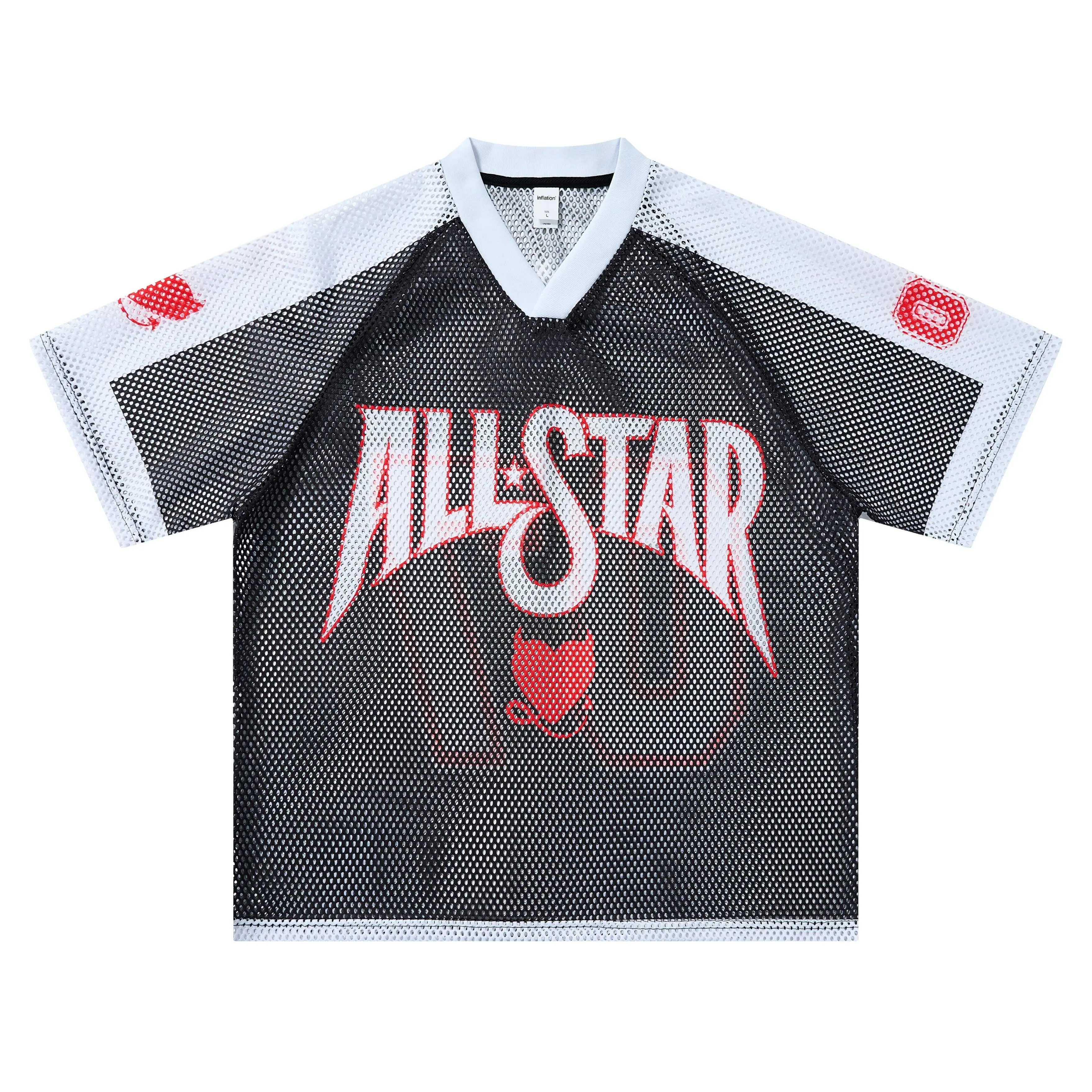 Inflation Men's 260g Heavyweight Oversized V-Neck Polyester Fiber Mesh Breathable Retro Graphic Print Short-Sleeve Jersey Shirts, Loose-Fitting Football Streetwear with Slimming Effect