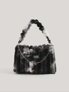 Women's Tie Dye Fluffy Shoulder Bag With Chain Strap, Crossbody Puffy Bag, Casual Trendy Bag, Trendy Large Capacity Square Bag For Fall & Winter, Female Underarm Bag For Party, Club, Crossbody Purse