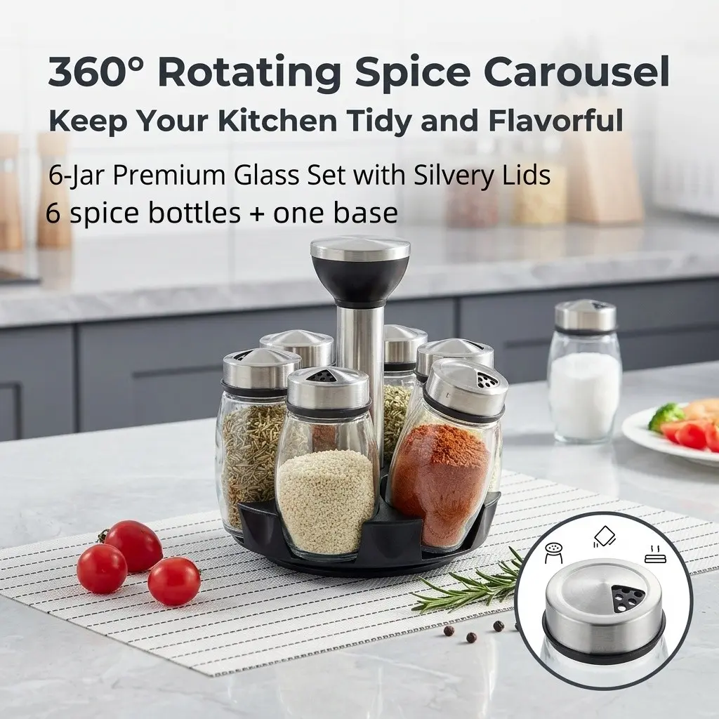 360 Degree Rotating Seasoning Bottle Set with Base, 6 Glass Containers for Salt, Pepper, Spices, Kitchen Storage Organizer, Kitchen Gadgets