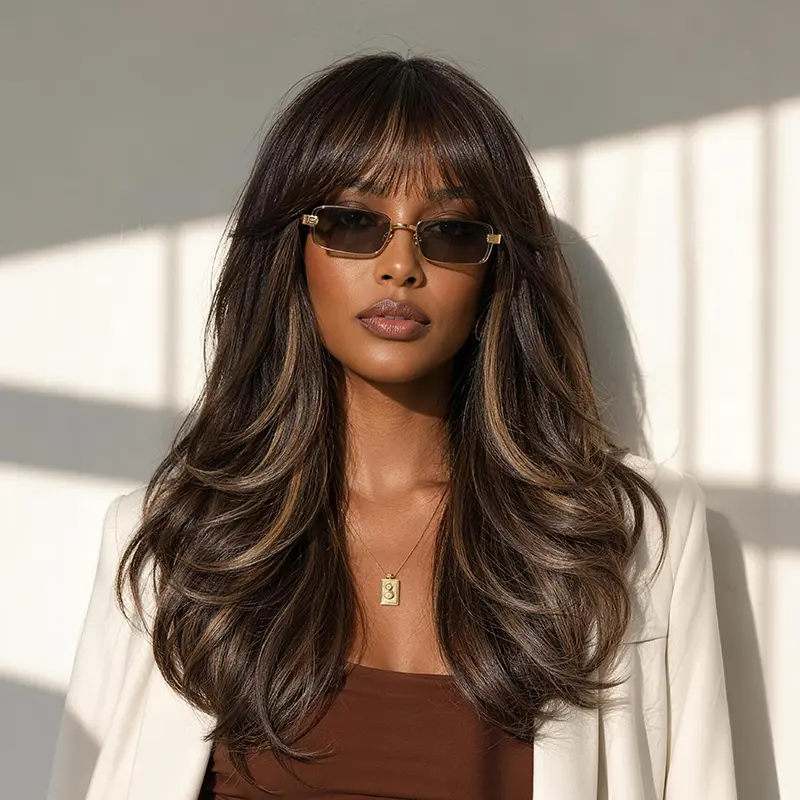 [New Arrival] Frodio Veralux™ Blend Human Hair Feathered Layers Wig with Bangs 20 Inches Brown Highlighted Wig | Wear & Go, Glueless, Soft Bangs, Face-Framing Layers Other