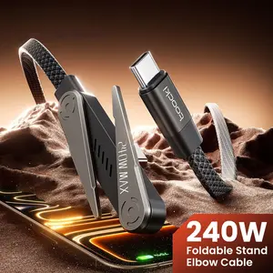 2-in-1 240W Fast Charging USB C Cable Foldable Stand Durable Braided Nylon Cord Smart E-Marker For Phone Laptop