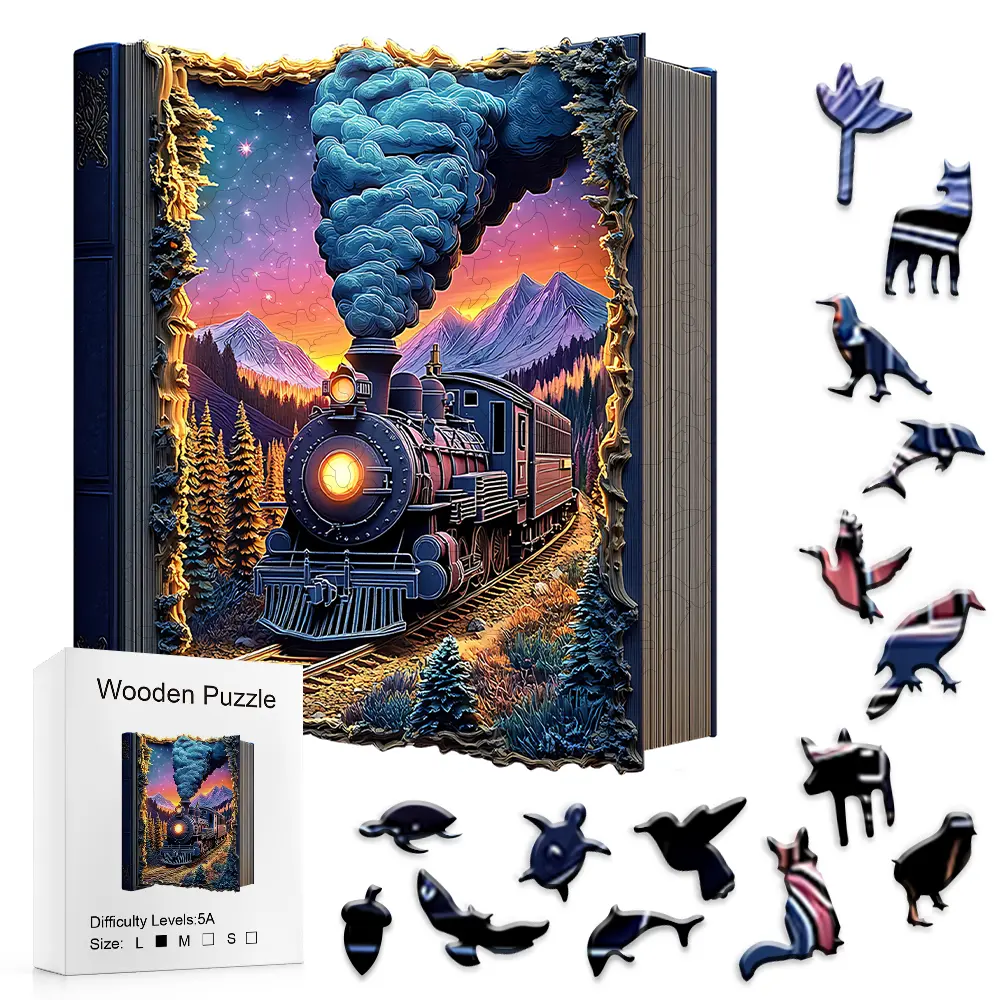 Generic Brand 5A Bookbound Wooden Puzzle - Fantasy & Sci-Fi Book World Steam Train Design, Frame Texture, Warm-Light Locomotive, Starry Sky Mountain Details, Ideal Gift for Birthdays, Adults and Kids