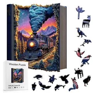 Book World Steam Train Fantasy 5A Bookbound Wooden Puzzle with Frame Texture Warm Light Locomotive Starry Sky Mountain Details Ideal for Adults Kids Festival Birthday Gift