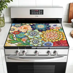 Bohemian Floral Design Non-Slip Rubber Grill Mat, Stove Panel Protector, Kitchen Decoration, Easy Clean, Multi-Purpose Stove Cover, Kitchen Decorative Placemat