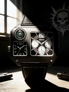 Outdoor Adventure Multi-functional Dual Time Zone Watch, Square Black Steel Case Compass Design, Dual Independent Dial Chronograph Layout, Lychee Pattern Leather Strap, Hardcore Outdoor Accessory for Off-road Camping