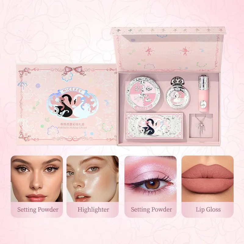Pink Ballet Makeup Gift Box | 6Pcs Full Cosmetic Makeup Set Beauty Kit with Lip Mud, Powder, Highlighter & Eyeshadow, Embossed Design, Free Gift Bag and Card, Ideal for Gifting, Makeup Gift Sets