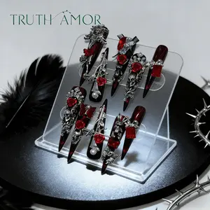 10Pcs TRUTH AMOR Gothic Red Rose Press On Nails, Long Stiletto Fake Nails with Skull & Cross Charms, Dark Romantic Style, Reusable False Nail Kit, GothicNails, DarkRomanticNails, RedRoseNailArt, PressOnNails