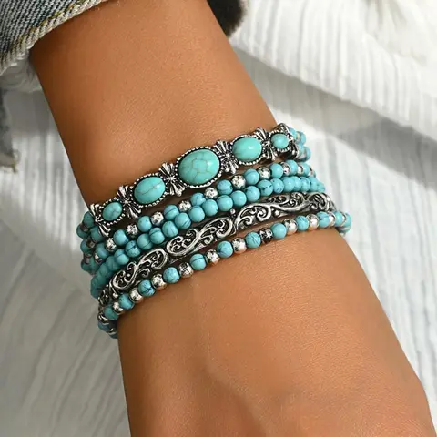 Boho Turquoise Decorated Bracelet Set, Vintage Trendy Elastic Bracelet, Fashionable Jewelry for Women & Men, Trendy All-match & Exquisite Jewelry for Birthday Gift, Premium Bracelet