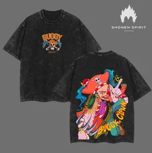 Buggy The Clown - One Piece Anime Double Printed Vintage Washed Tee Unisex Oversize Heavyweight Cotton T-shirt for Anime Fans