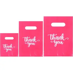 200 count Thank You Bags with Handle Pink Retail Bags for Small Business, 3 Sizes Plastic Grocery Merchandise  Bag for Clothes Boutique ,  Goodie Bag Bulk for Store Party Favor Purchase
