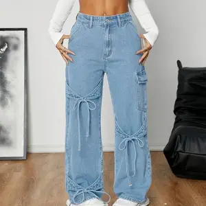 Women's casual straight leg denim pants with adjustable bow drawstring design, large side pockets, and loose wide legs. Made of non elastic fabric, suitable for wearing in spring, summer, autumn, and winter.