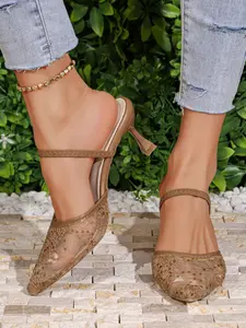 French Vintage Elegant Lace Embroidered High Heel Shoes, Pointed Toe Slim Heel Single Shoe, Ditsy Floral Mesh Slip-On Breathable Mules for Women