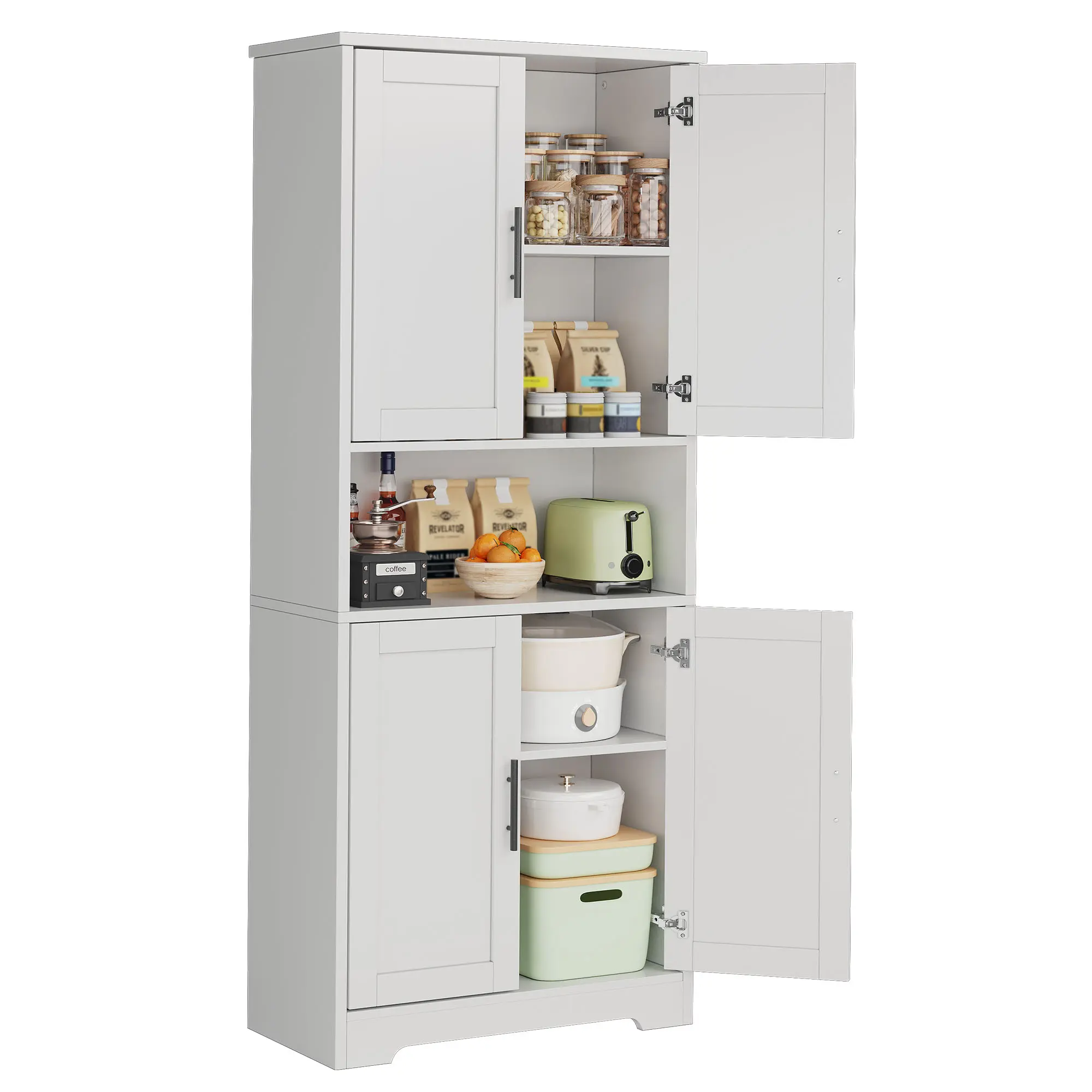 Modern 70-Inch Tall Freestanding Hutch Cabinet - Wooden Kitchen Pantry with 4 Doors, 5-Tier Adjustable Shelves, Heavy-Duty Storage for Dining Room, Garage