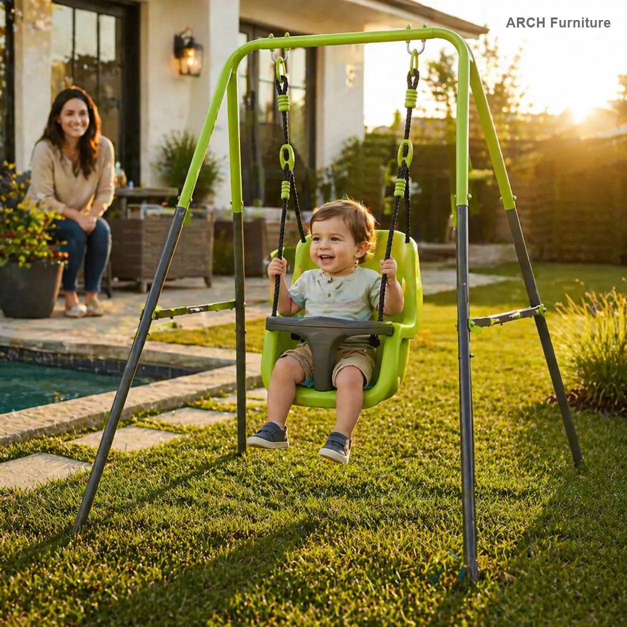 ARCH XNS001 Indoor-Outdoor Toddler Swing Set with Safety Seat, Outdoor Stuff for Kids, Patio Furniture Baby Item, Kids Outdoor Play, Outdoor Play Sets