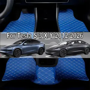 Luxury PU Leather Floor Mats for Tesla Entire Series (Model S 2012-2023, Model 3 2017-2026, Model X 2015-2026, Model Y 2020-2026) - Anti-Slip, Waterproof, Hassle-Free Cleaning, Full Coverage, Diamond Stitch, Left Hand Drive
