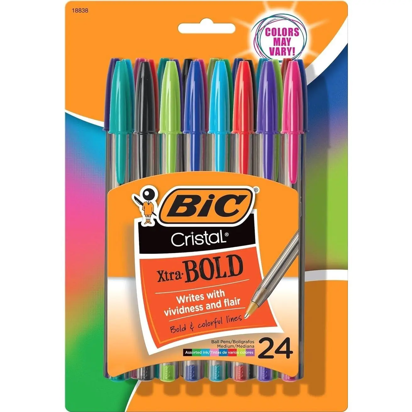 BIC Cristal Xtra Bold Ballpoint Pens, Bold Point, 1.6 mm, 24-Count Pack | Bold Point 1.6 Mm for Smooth Writing, Assorted Colors for Color-Coding, Ideal for School Supplies and Coded Notes