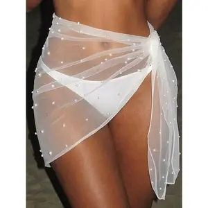 Cover Up Sarong Wrap Skirt Bachelorette Outfits for Bride Sheer Mesh Bridal Swimsuit Pearl Bathing Suit tiktokshopspringglowup