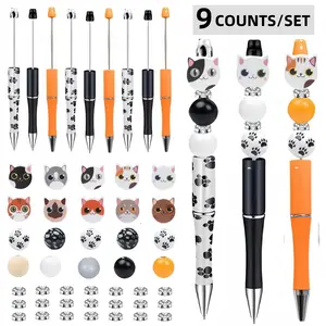 Cute Cat Themed Beaded Pen Set, 9 Counts/18 Counts DIY Beaded Pen with Refill, Writing Pen Set for Office School Student, Ballpoint Pen Set