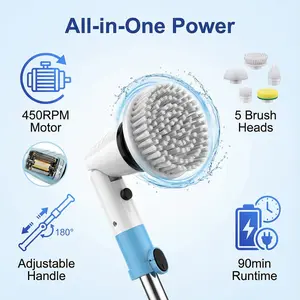 Electric Spin Scrubber, 450RPM Cordless Shower Cleaner with 5 Replaceable Cleaning Heads and Adjustable Extension Arm, 1.5H Power Bathroom Brush for Bathtub, Tile, Floor, Wall, Sink