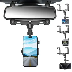 2 in 1 Universal Car Rear View Mirror Mobile Phone Holder Camera Mount for car, Adjustable 360° Rotatable Bracket for iPhone Samsung LG, 1/4" Standard Threaded Interface for Vlogging Action Camera Dash Cam