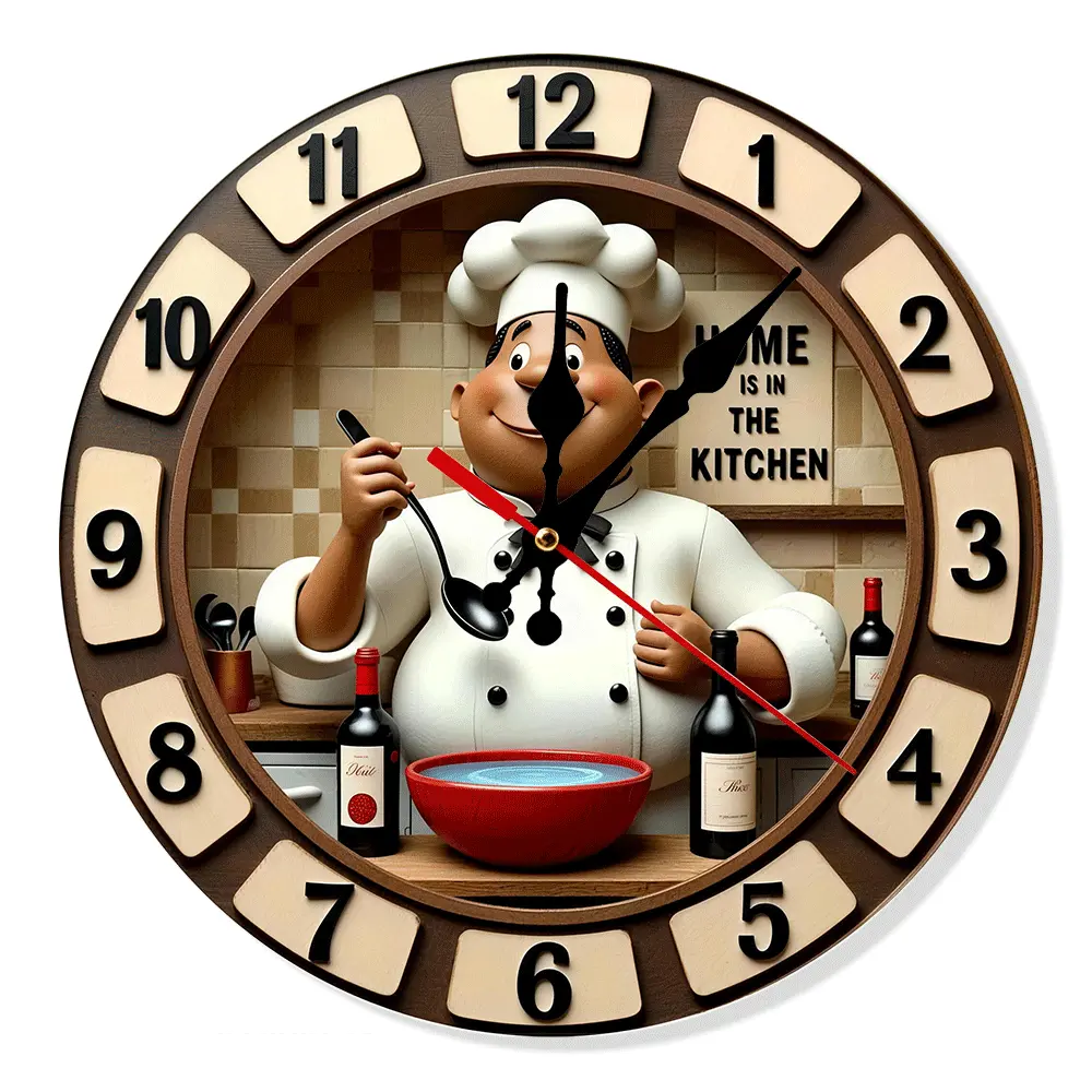 Chef Decorative Wooden Wall Clock - 10/12 in Silent Non-Ticking Rustic Battery-Operated Home Decor for Kitchen, Dining Room