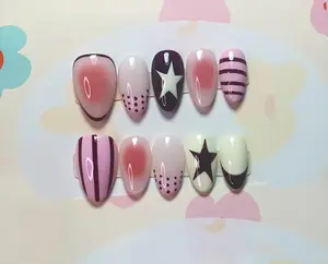 pink star hand pained Press On Nails, Y2K style Nail Art