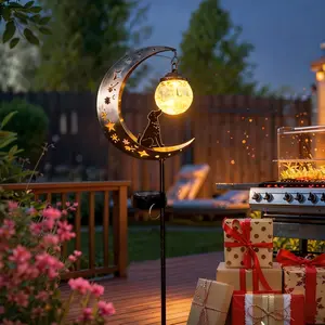 1Pcs Solar-powered ground light, lawn decorative light, Garden glow light, Solar Garden Lights, featuring a hollowed-out wrought iron puppy and moon design, including a shattered glass sphere, suitable for outdoor gardens, and holiday gifts.