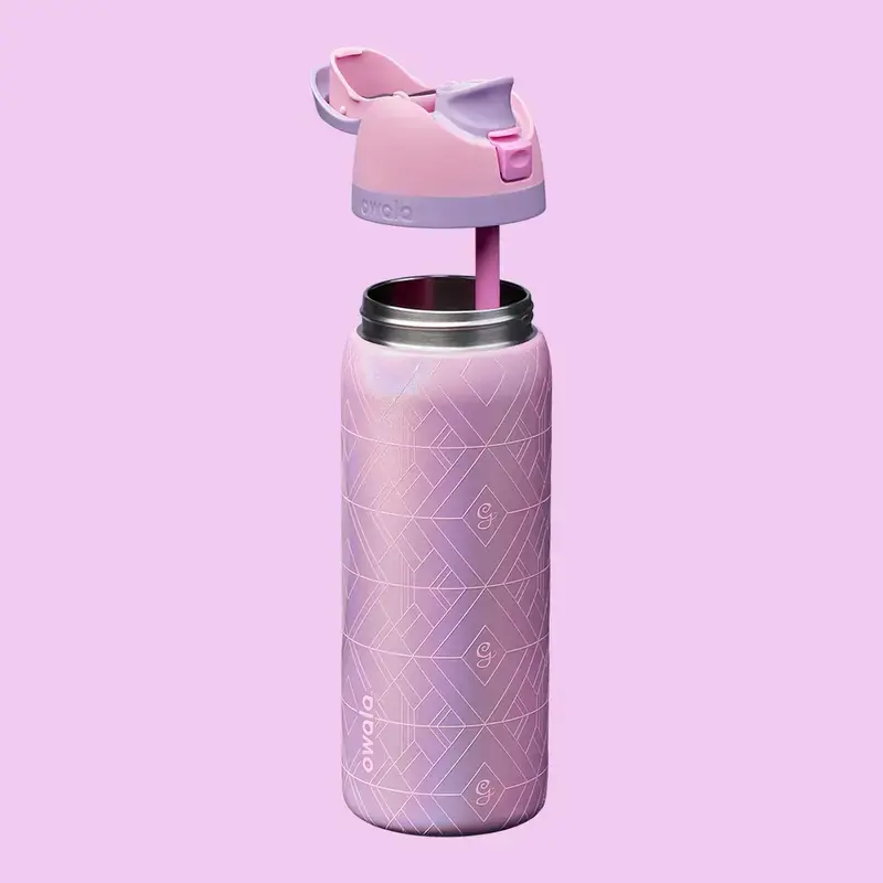 Owala FreeSip 32oz Wicked Movie Limited Edition Insulated Water Bottle, Glinda-Inspired Pearlescent Pink Stainless Steel Bottle with Geometric Pattern, Built-In Straw and Leakproof Lid