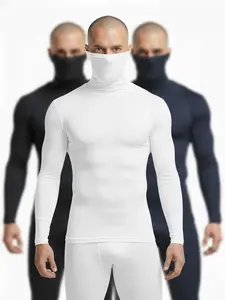 Men's High Neck Compression Long Sleeve Shirt by High Level HL with Face Mask Turtle neck in Black Grey White All Season