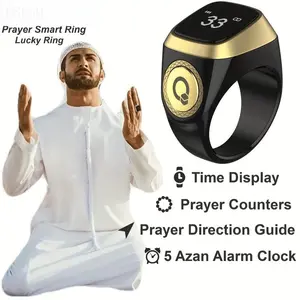 [Smart Prayer Ring] Smart Muslim Prayer Ring - With 5 Prayer Time Reminders, Prayer Counters, Prayer Direction Indicator Guide, Long Battery, OLED Display, Azan Alarm Clock, Beads Ring,, Cool, TBSoon Zikr Ring Fashion NewGT