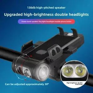 Integrated 5-in-1 bicycle headlight bright double lamp head with fog light mobile phone holder tweeter night light