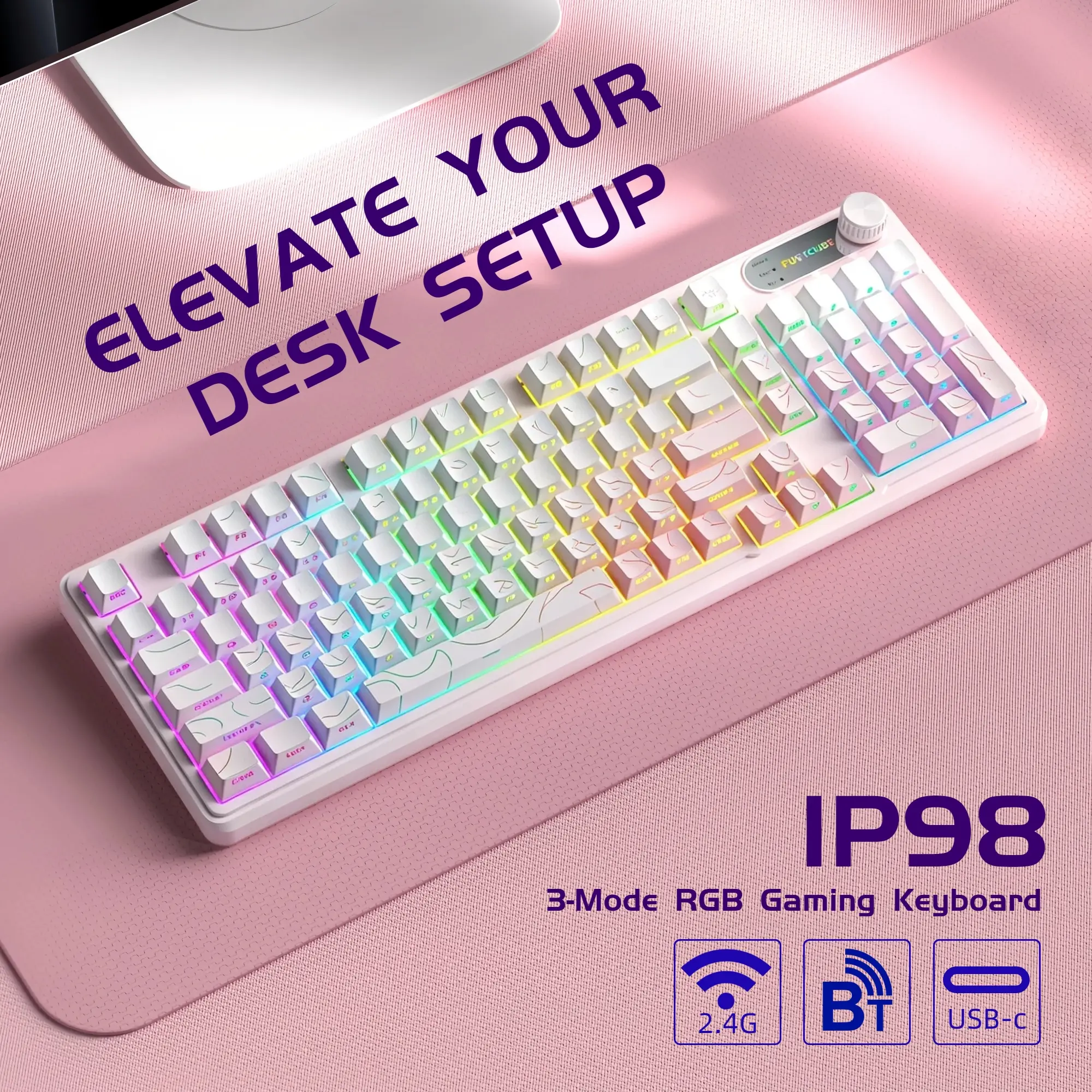 Nexus Tech IP98 White Wireless Gaming Keyboard, 98-Key RGB Keyboard with Volume Knob, Tri-Mode Bluetooth 5.0/2.4G/USB-C Compact Keyboard for PC Mac, Minimal Desk Setup, Gaming Setup & Home Office