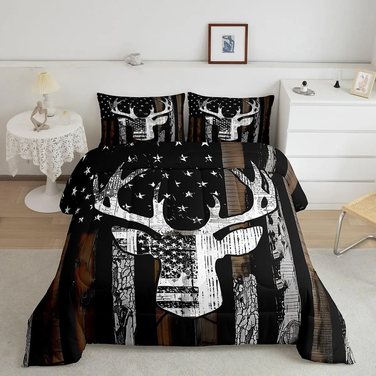 Feelyou Queen Camo Hunting Luxe Bed Comforter Set - American Flag, Deer Antlers, Rustic Wooden Designer, Farmhouse Breathable Quilt, Bedroom Bedding Set, Decorative Bedding, Decorative Bedding Set