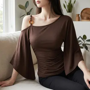 Women's Retro Ethnic Style Beaded Asymmetrical Shoulder Flounce Long Sleeve Flared Top Shirts Womenswear, Slim-Fit Casual Spring & Fall Fashion, Moderate Fabric