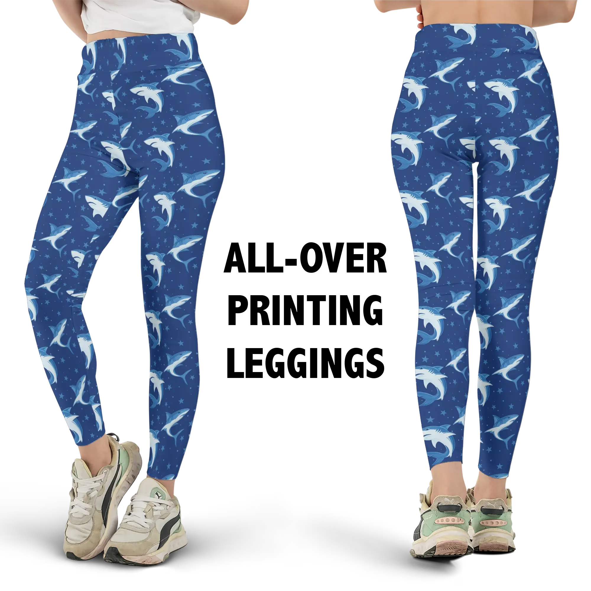 Blue Shark Standard & Flare Leggings - Ocean Marine Animal High Waisted Stretch Pants, All Over Print Full Length Tights, Coastal Activewear and Casual Outfit